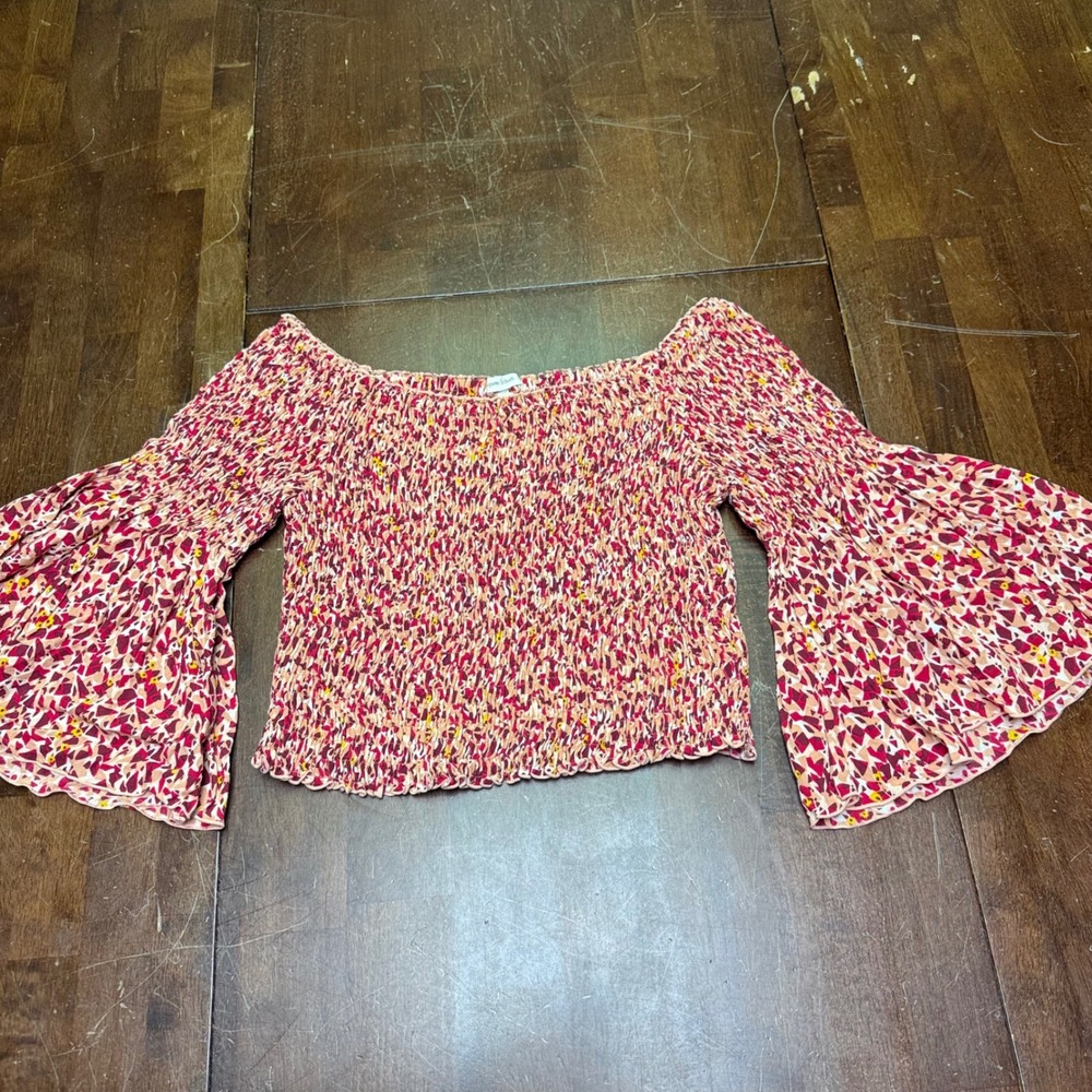 Poupette St Barth Smocked Top Women XS Pink Red Floral Bell Sleeve Off Shoulder